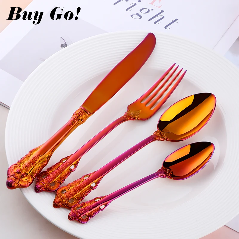 Creative Magic Red Vintage Western Cutlery Stainless Steel Dining Knives Forks Teaspoons Set Dinnerware Engraving Tableware | Дом и сад