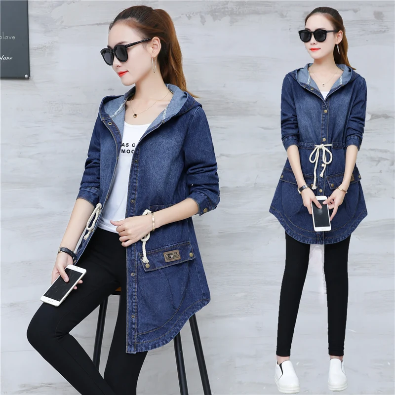 remarkable 2019 New Spring/Autumn Women's Jeans Jacket Slim Long Sleeve Hooded Denim Outerwear Single Breasted