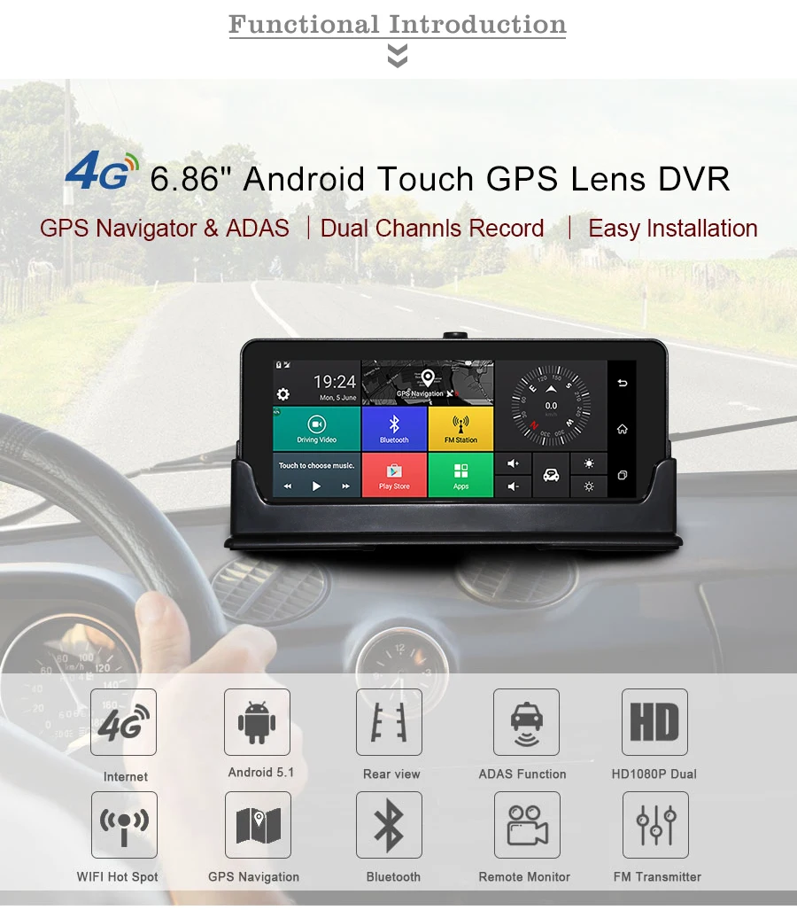 Автомобильный gps-навигатор TOPSOURCE, 4G, 6,86 дюймов, Android 5,1, Bluetooth rom, 16 ГБ ram, 1 Гб HD, 1080 P, Автомобильный видеорегистратор с двумя объективами, камера, навигатор