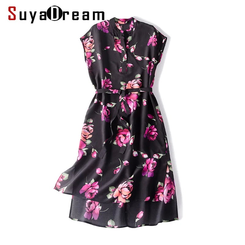 

Women Floral Dress 100%Real Silk Crepe Print Mini Dresses Short Bat Sleeved 2019 New Summer Belted Dresses