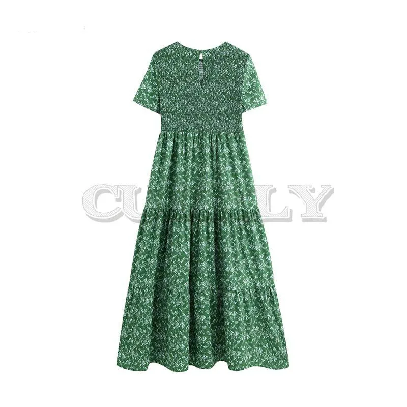 Image CUERLY women retro floral print patchwork maxi dress elastic O neck short sleeve back cut out design fashion long dresses QB850