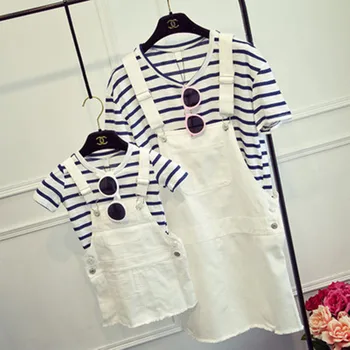 

Mother Daughter Dresses Clothes 2017 Summer Baby Girls Two Pieces Set Striped Tees T Shirt+ Denim Overalls Family Clothing Suit