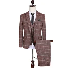 Куртки+ брюки+ жилеты) Блейзер Костюмы Новинка плед Нарядные Костюмы для свадьбы для Для мужчин жениха мужской костюм дружки 3 шт костюм в полоску
