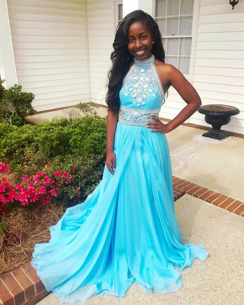 y Turquoise African Black Girl Prom Dress High Neck Beading Crystals y-turquoise-african-black-girl-prom-dress-high-neck-beading-crystals