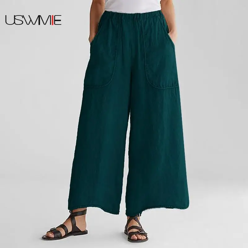 

2019 Autumn Wide Leg Pants Fashion Comfort Leisure Casual Elastic Waist Solid Color Pockets Plus Size Loose Broad Legged Female