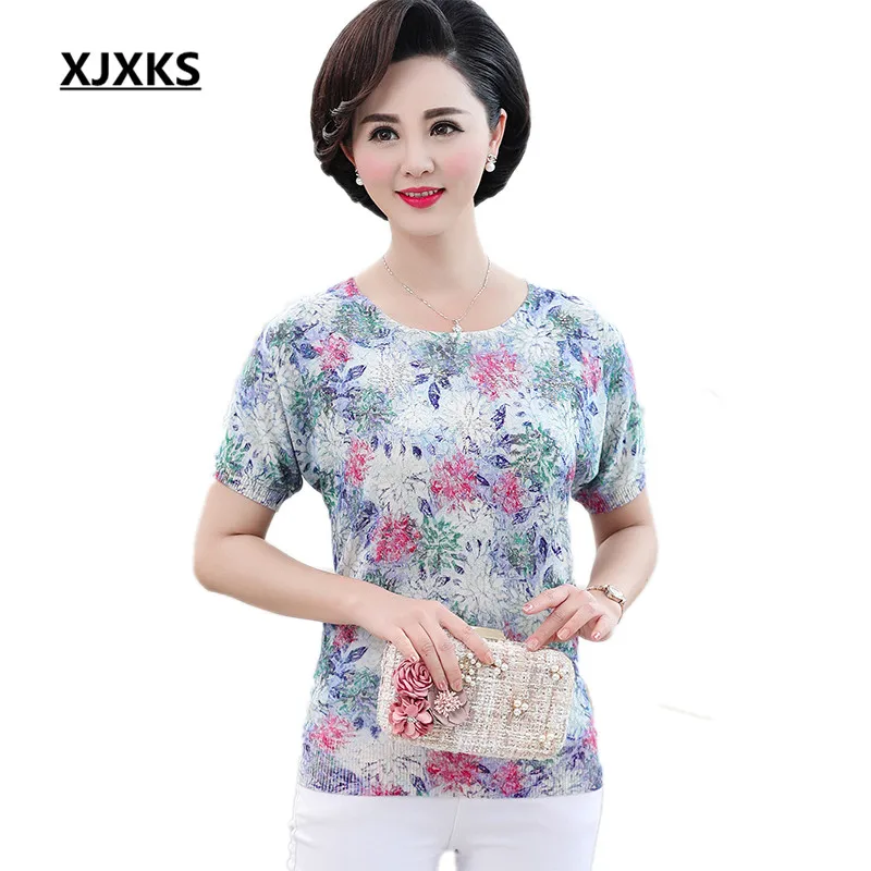 XJXKS Новая женская летняя футболка с модным алмазным принтом свободного размера плюс, женская трикотажная тонкая футболка с коротким рукавом