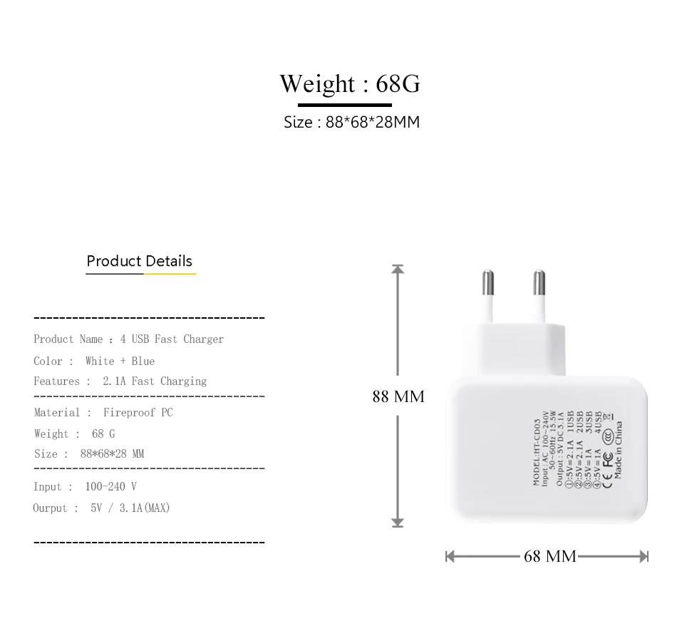 Brorikoy USB умное зарядное устройство, 4 порта, штепсельная вилка европейского стандарта, несколько настенных адаптеров, устройство для мобильного телефона, 5 В, 3 А, быстрая зарядка для iPhone, iPad