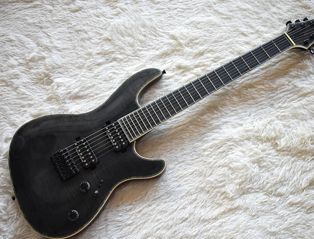 

Factory Custom Transparent Black 7 Strings Electric Guitar with Flame Maple Veneer,HH Pickups,High Quality,Can be Customized