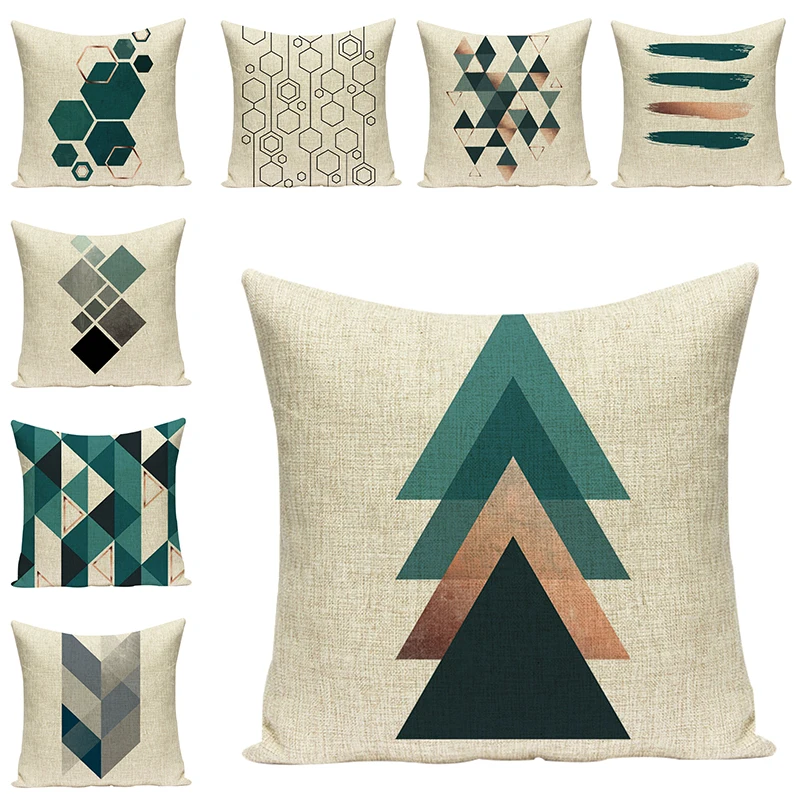 

Green Pattern Geometry Cushion Covers Linen Cotton Pillow For Chair Birthday Party Adult Sofa Decorative Cushions Home Decor