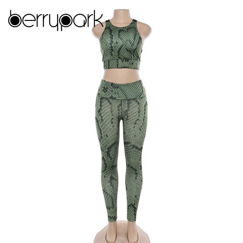 BerryPark New 2019 Snake Skin Crop Top and Leggings Yoga Sets Women Gym Clothes Sports Wear Running Fitness Outfit Drop Shipping