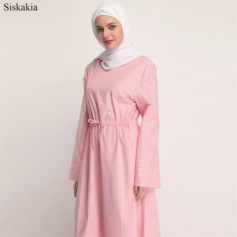 Siskakia Muslim Ladies Solid Stripe Patchwork Long Dress Ramadan O-Neck Long Sleeve Belt Women Dresses Brief Elegant 2019 New (3)