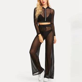 

Women Summer Set Sexy See Through Long Sleeve Zipper Hoodies Crop Top + Drawstring Long Pants Mesh Transparent Clothing Set
