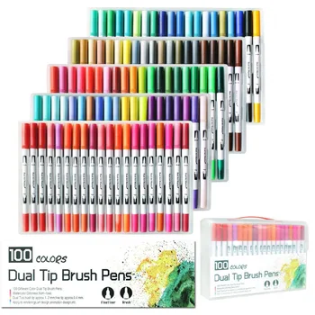 

100 Colors Dual Watercolour Brush Pen Art Markers with 2mm Brush Tip and 0.4mm Fine Tip for Adult Colouring