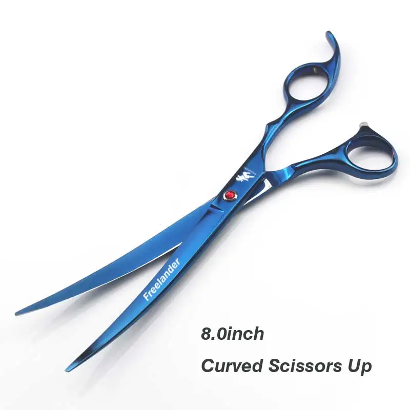 8,0 дюймовые Парикмахерские ножницы для домашних животных, набор синих высококачественных ножниц для собак, набор из четырех филировочных ножниц - Цвет: Curved Scissors Up