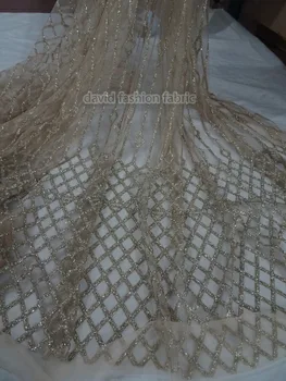 

5 Yards glued glitter sequins Net French Lace Tulle Fabric David-42086 Embroidered African French Lace Fabric