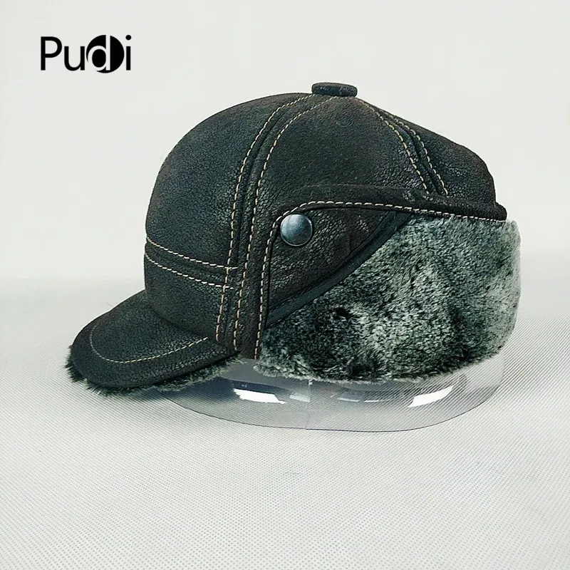 Pudi, бейсболка из натуральной кожи, шапка, Мужская зимняя брендовая новинка, шапки из коровьей кожи, черные шапки с искусственным мехом внутри, мужская шапка