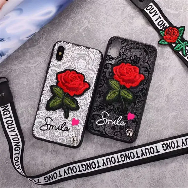 

3D Rose Flower Case For Huawei P20 Lite P20 Pro Woman Sexy Lace Back Cover for Huawei P8 P9 P10 Lite Plus With Lanyard Coque