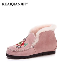 KEAIQIANJIN Woman Embroider Snow Boots Wool Winter Genuine Leather Flats Shoes Black Pink Platform Ankle Boots Plus Size 33 – 42