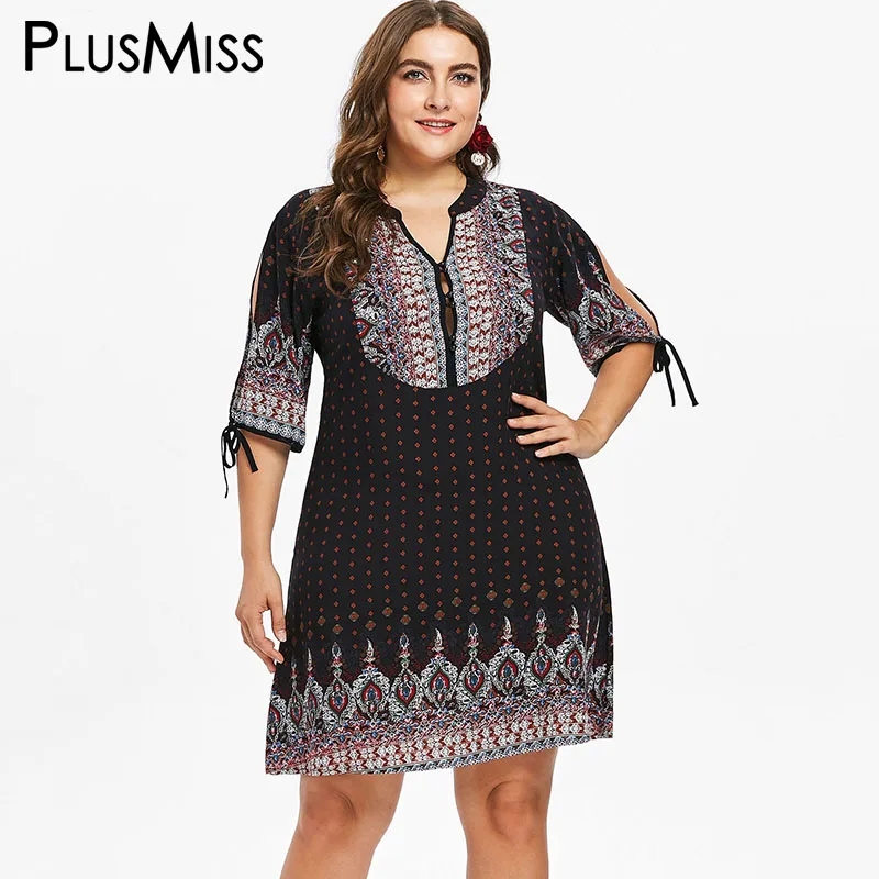 

PlusMiss Plus Size 5XL XXXXL XXXL Hippie Boho Ethnic Geometric Print Dress Women Beach Bohemia Dresses Ladies Big Size Vestidos