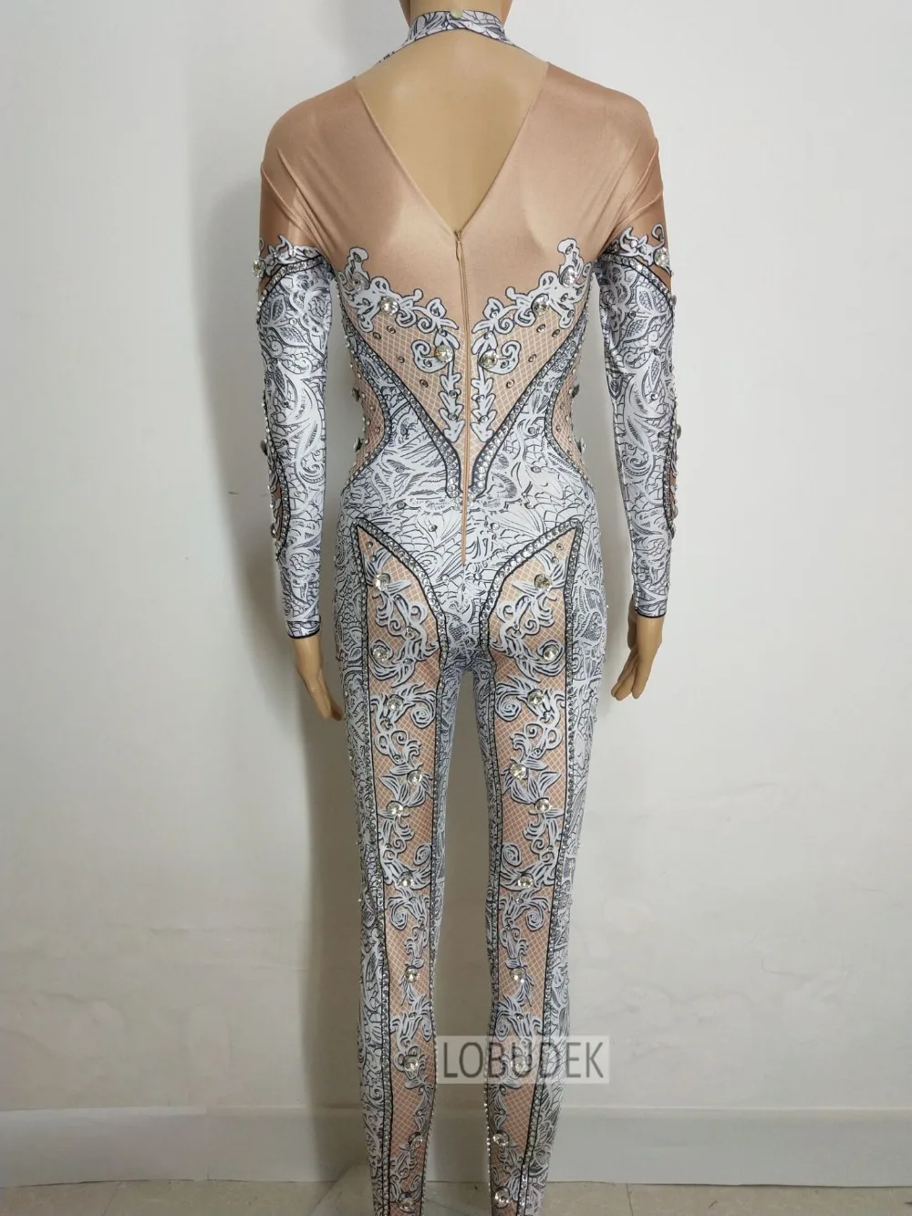 White 3D Prtinting Jumpsuit sparkly Crystal Stones Bodysuit Women Singer DJ DS Stage Costume Birthday Party Sexy Stage outfit