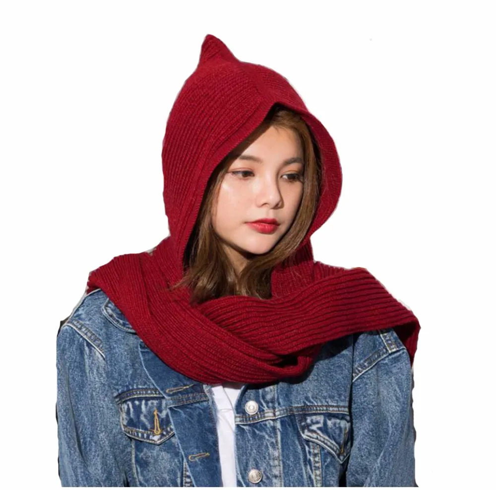 2018 Brand Design Women's Hooded Scarf Winter Wool Knitted Earflap Hats Snood Wraps Solid Crochet Scarves and Hat for Girl