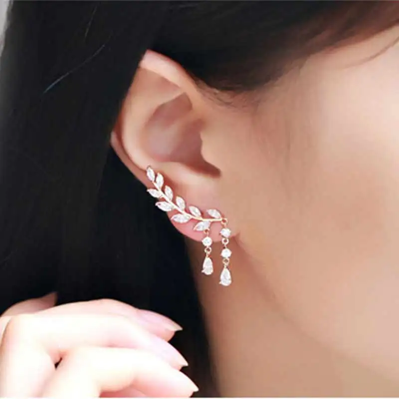 

Skritts Fashion Gold/ Silver Color Leaf Shape Crystal Earrings Women Girl Jewelry Pendante Femme Fancy Long Earring Hanging