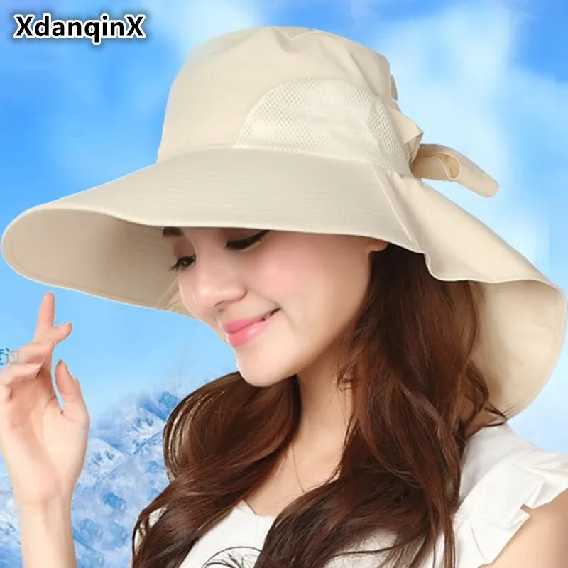 

XdanqinX Women's Hats Summer Big Brim Hat Foldable Mesh Breathable Sun Hat Fashion UV Proof Beach Hat Quick-cut Female Caps