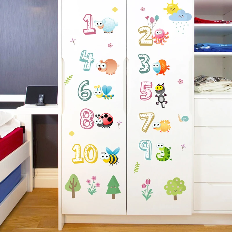 Cute Animals With Arabic Numbers Wall Stickers For Kindergarten Classroom Kids Room Home Decoration Nursery Mural Art Wall Decal