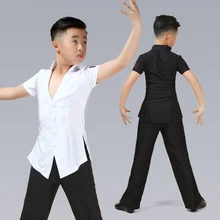 Топ для латинских танцев с коротким рукавом и v-образным вырезом для мальчиков, Румба, ча, ча, Самба, танго, сальса, танцевальная рубашка, детская одежда для соревнований, сценическая одежда, DN3608