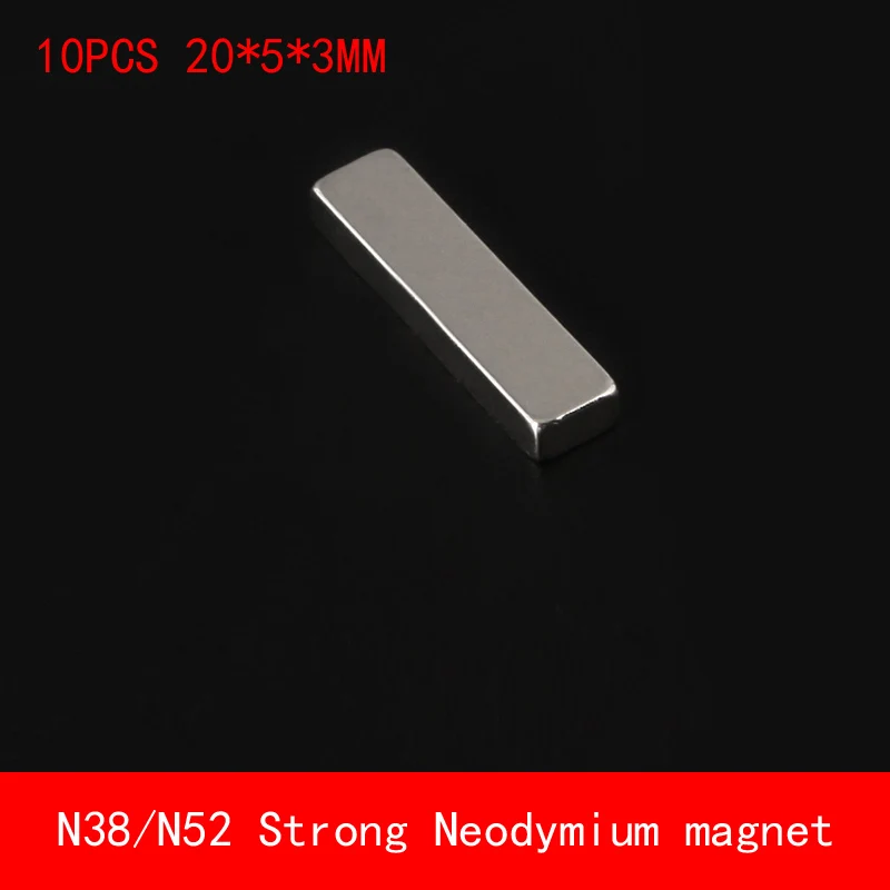 

10pcs/lot Super Strong Rare Earth strip 20x5x3mm Permanet Neodymium Magnet N52 N38 20*5*3MM surface plate nickel