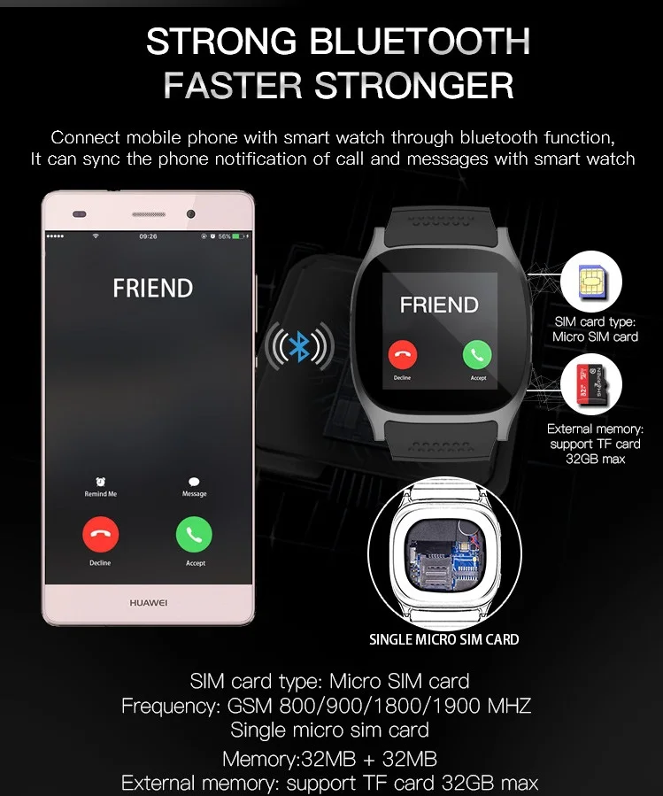 T8 Bluetooth Smart часы с слот sim карты 2.0 МП Камера mtk6261d 380mha Батарея для Android SmartWatch|bluetooth smart