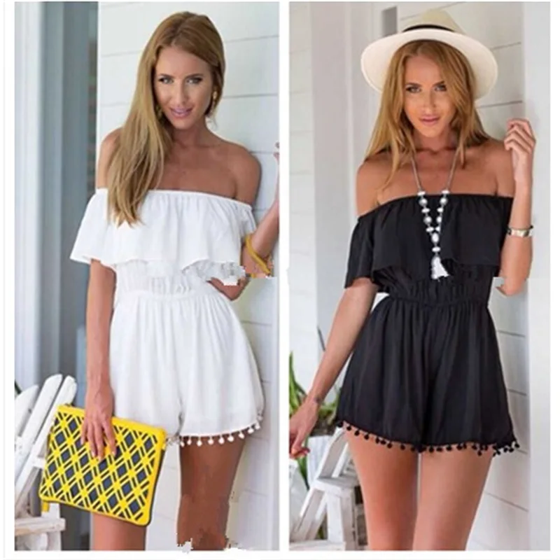 

women Sexy Off Shoulder jumpsuits Shorts pants Tassel playsuits Sweet girls Summer rompers Beach women Jumpsuits short