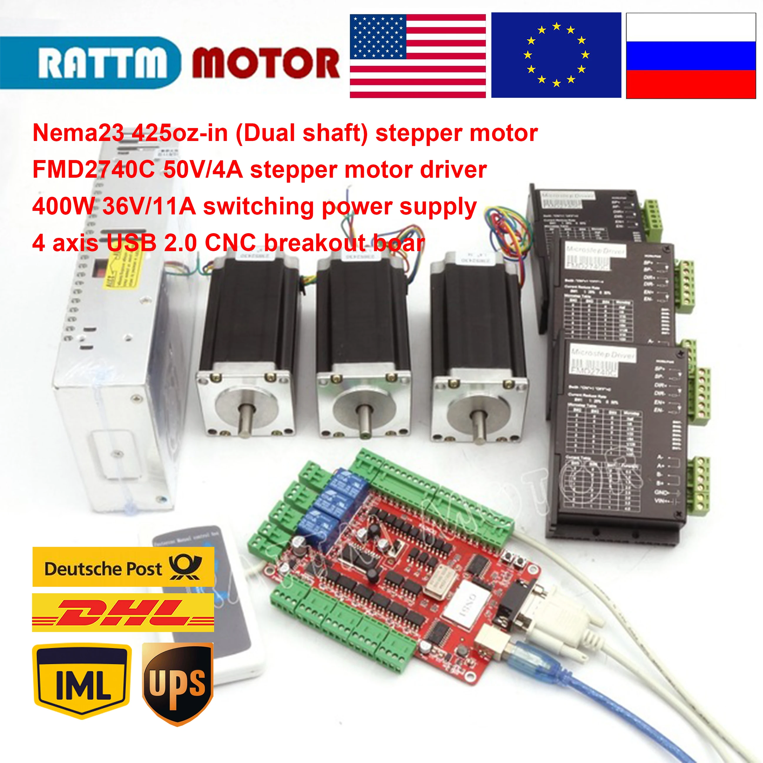 4 a Driver de Motor Eixos Motor Deslizante 112mm Eixo Duplo 425oz-in & Fmd2740c 50vdc 4 Usb Porta Breakout Board Cnc 3 Kit Nema23
