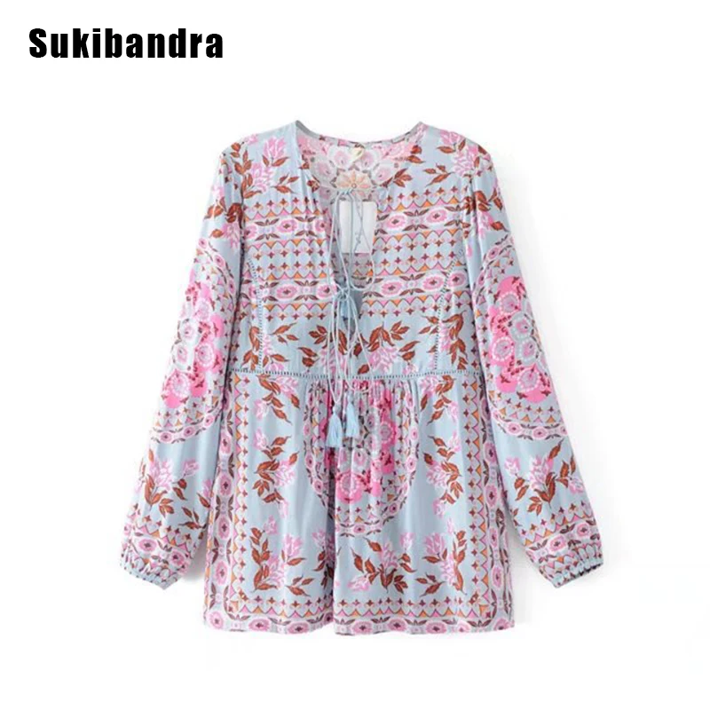 V Neck Lace Panel Retro Flower Print Blouse