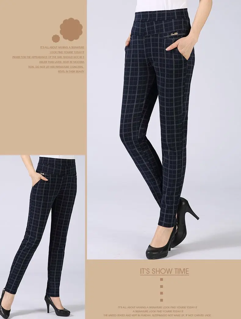 Spring Autumn Woman Casual Pant Navy Blue Black Khaki Gray Trousers Middle Aged Women Plaid Pattern Pants High Waist Trousers Mother Bottoms (11)
