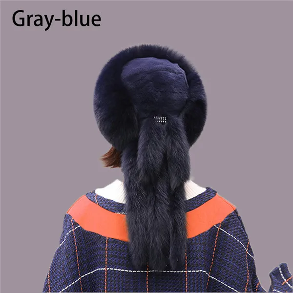 Шапка из натурального Лисьего меха для женщин, роскошная теплая зимняя шапка из меха лисы, натуральный мех енота, новая плотная женская шапка, шапки-бомберы для девочек - Цвет: Gray-blue