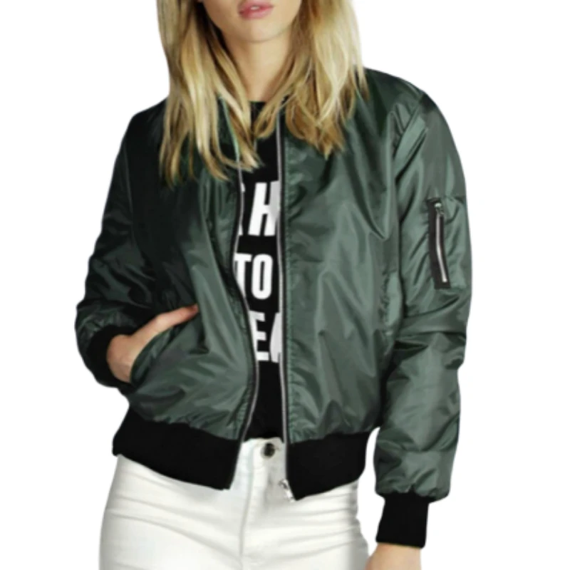 2019 Women Spring Army Green Bomber Jackets Solid Long Sleeve Stand