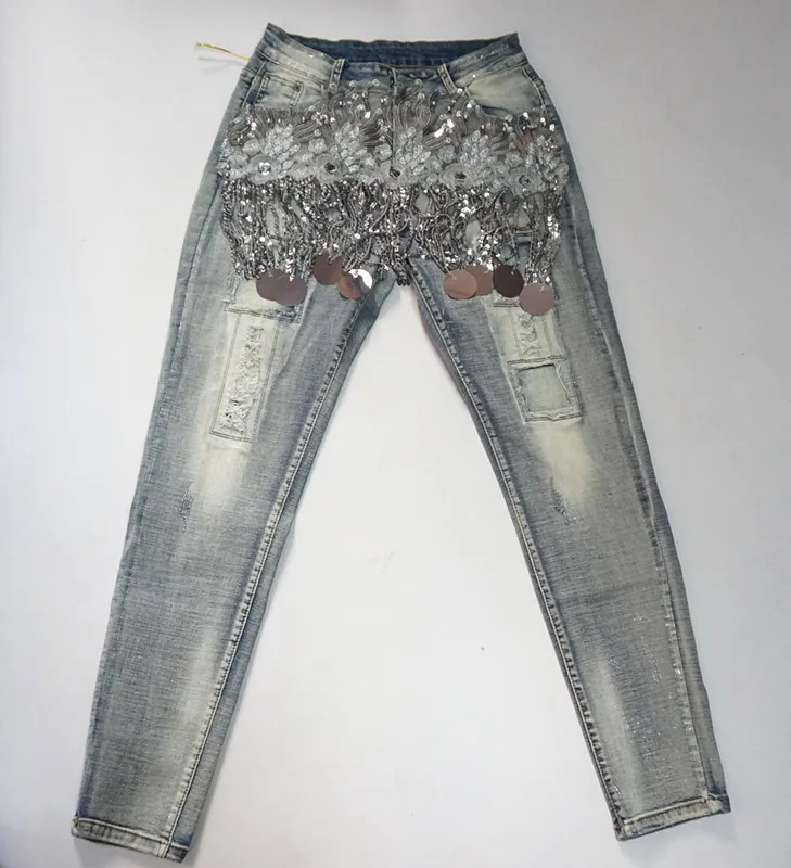 Femeninos Elástica Vaqueros 0906 Jeans Denim Vintage Skinny Mujer Lentejuelas Casual Pantalones Lujo Con Cordón Delgado AqzwZArBEx
