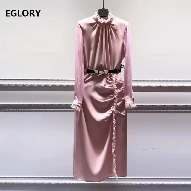 

New Arrival 2019 Autumn Fashion Bodycon Dress Women Ruffled Collar Lace Patchwork Pleated Sexy Split Mid-Calf Pink Black Dress