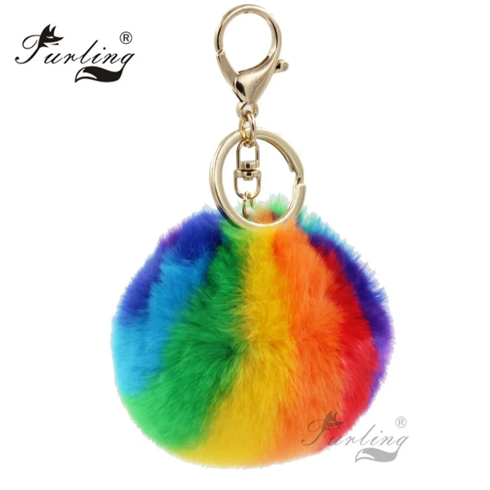 Black 1pc 9CM Faux Rabbit Fur Pom pom Keychain for Women