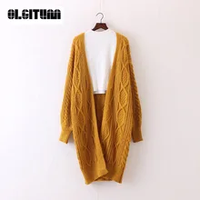 Новинка, OLGITUM, женские длинные кардиганы, Осень-зима, открытая стежка, вязаный свитер, кардиганы, v-образный вырез, большие размеры, кардиган, пальто, SW707