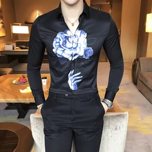 Новинка весны, мужские повседневные рубашки с длинным рукавом, приталенная рубашка с модным принтом, мужская рубашка с отложным воротником, одежда для работы в ночном клубе, черная/белая