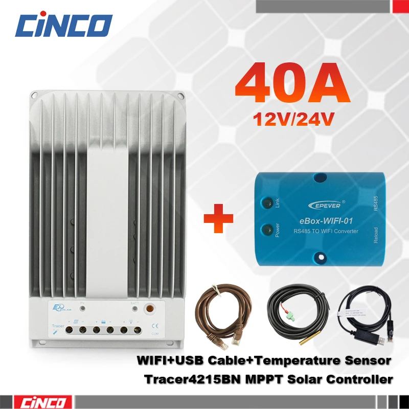 

Tracer4215BN 40A 12V/24 MPPT solar controller & eBox-WIFI and USB communication cable & temperature sensor RTS300R47K3.81AV1.1