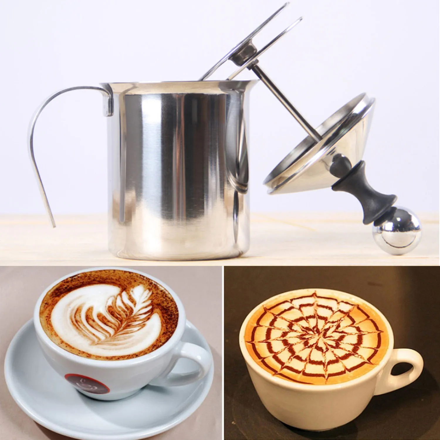 

400ml Stainless Steel Double Mesh Milk Creamer Foamer Manual Milk Frother w Handle for Milk Foam Cappuccino Latte Coffee