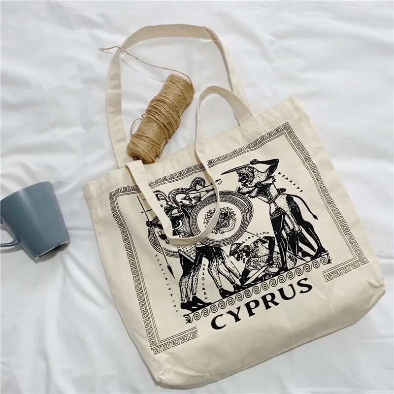 Women Canvas Shoulder Bag Greek illustration Cyprus Female Vintage Cotton  Cloth Handbag Totes Eco Simple Shopping Bag For Girls