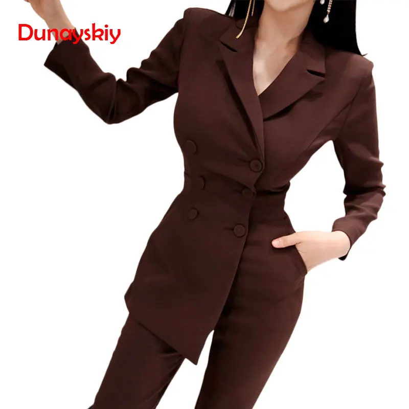 

Women Fashion Formal Long Sleeve Doubled Breasted Top Skinny Pockets Pant 2019 New Spring Hots Sale Turn-down Collar Brown