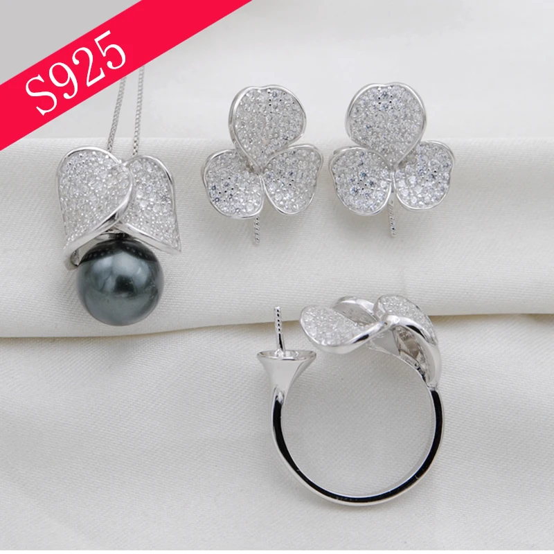 

Sterling Silver Pearl Jewelry Set Zircon Jewelry Adjustable Ring Mount Silver 925 Earring Pendant Without Pearl Free Shipping