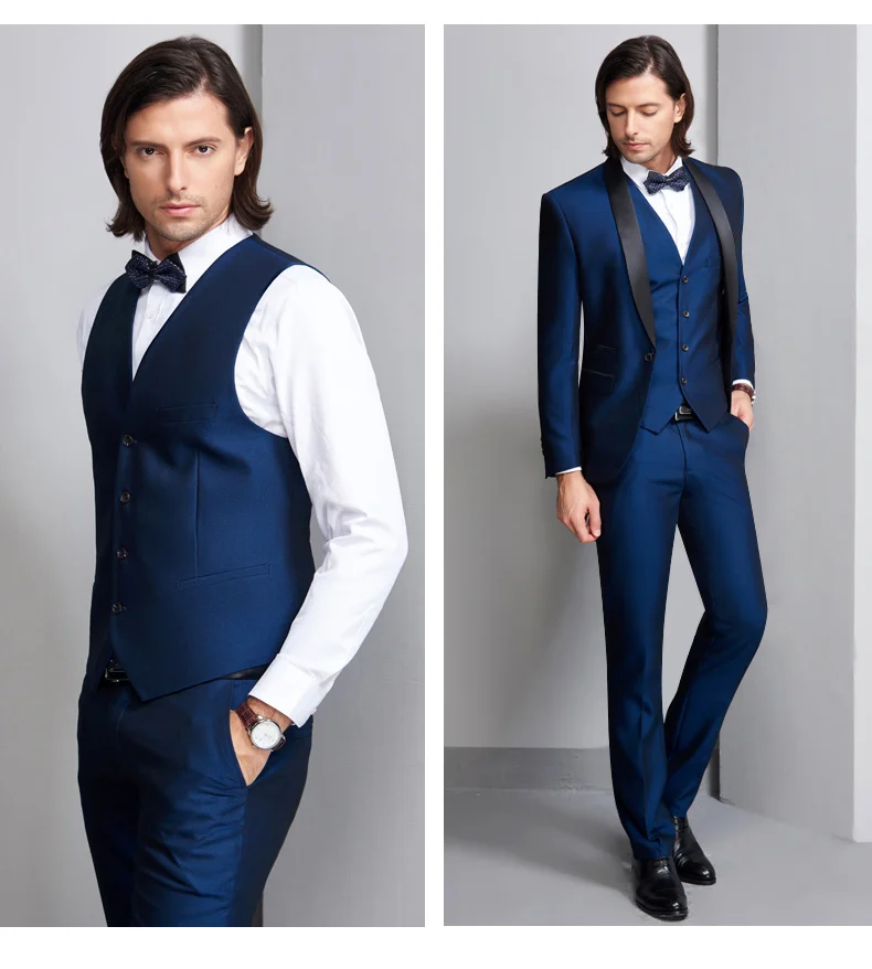 New Arrival Customized Shawl Black Lapel Groom Tuxedos Wedding Best Man Blazer 3 Pieces (Jacket+Pants+Vest) Royal Blue Men Suit