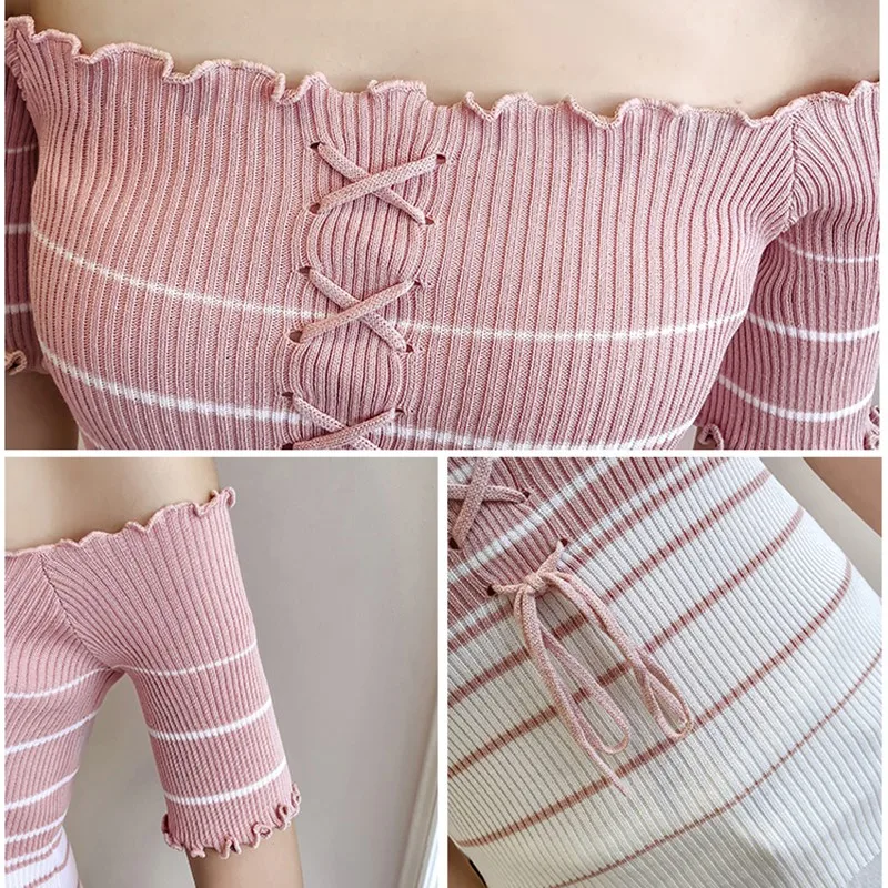 ETOSELL для женщин оборками Low Cut Футболка повязки с короткими рукавами, вязаные футболки пикантные тонкие полосатые повседневные топы