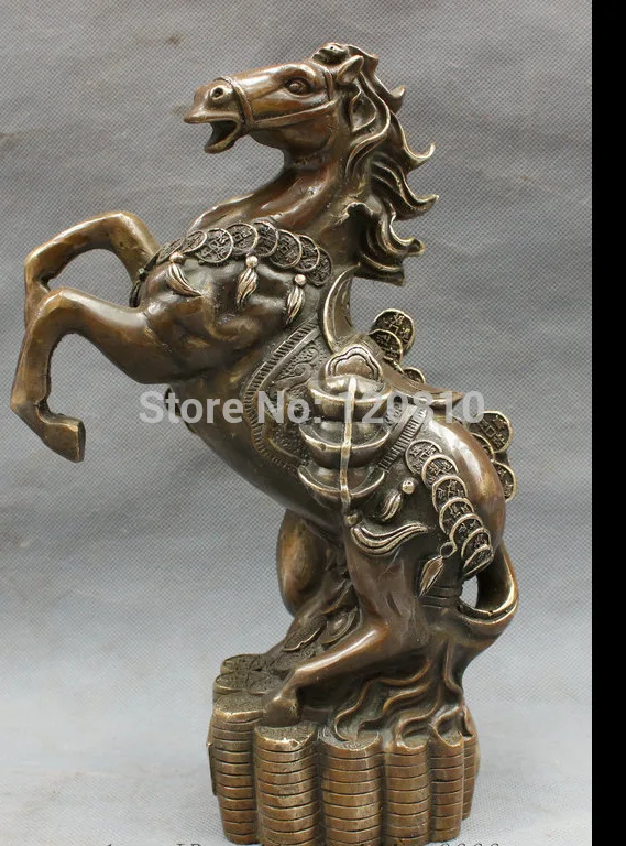 

10" Chinese Bronze Copper Year Zodiac Wealth Coin YuanBao Jump Horse Statue